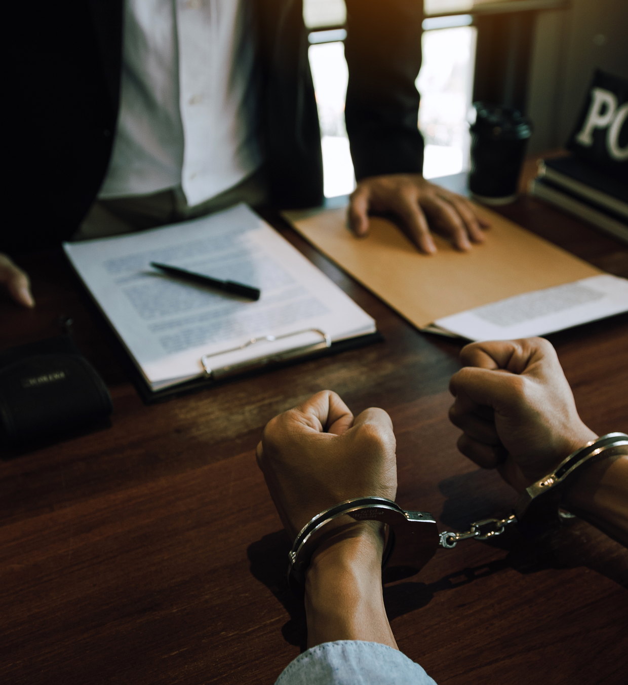 Cuffed hands resting on a desk beside an open case file