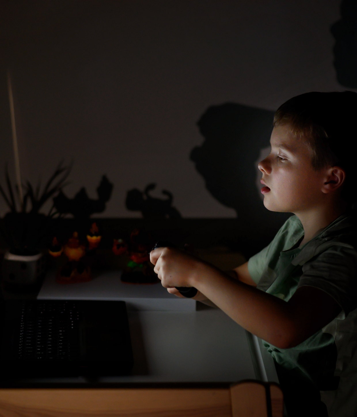 A child at a screen in a darkened room