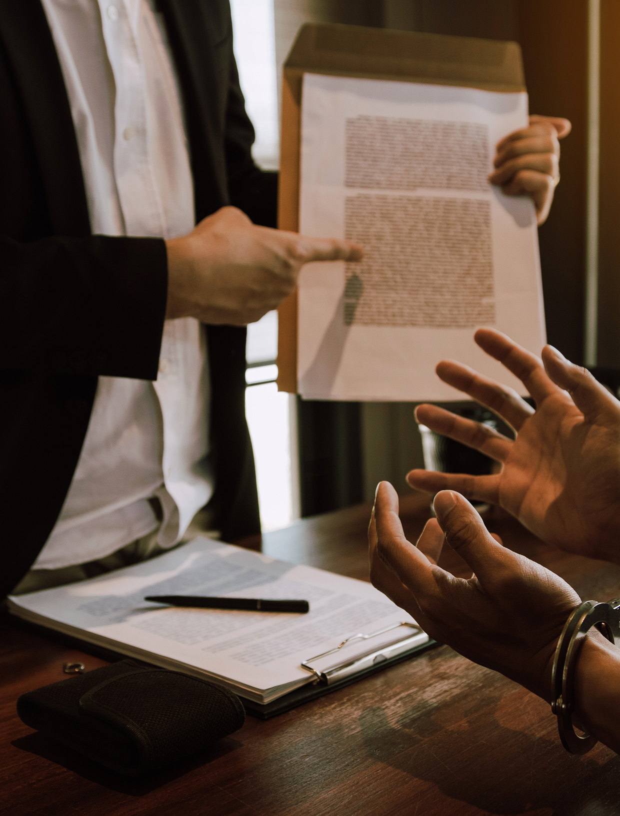 A lawyer showing case papers to a client across a desk