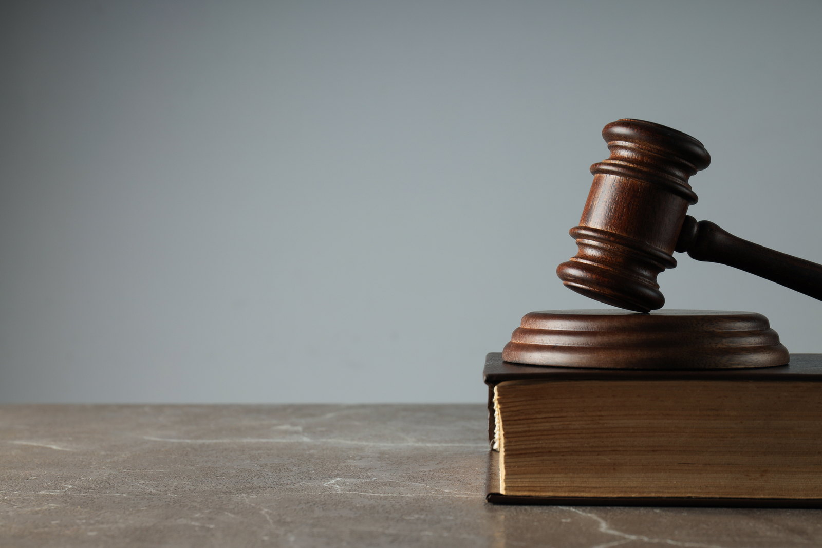 A gavel resting on a law book