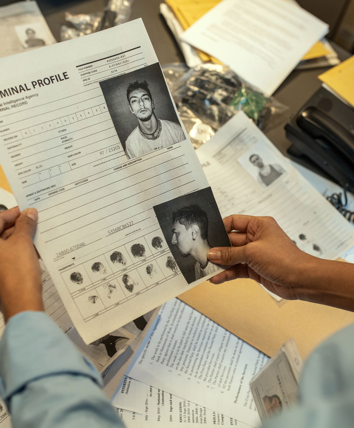 A criminal record file being reviewed at a desk
