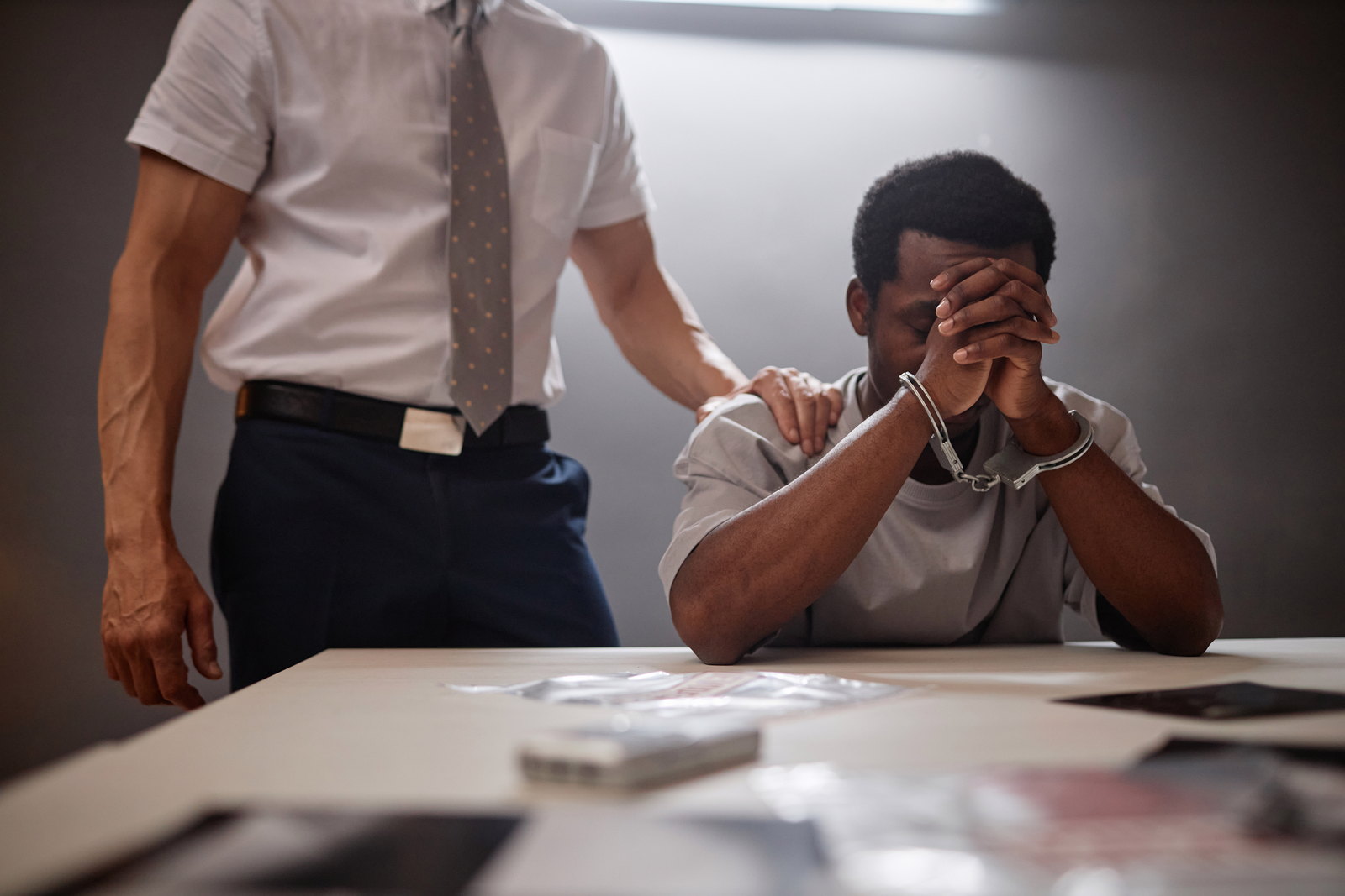A supporting hand on the shoulder of a person in handcuffs