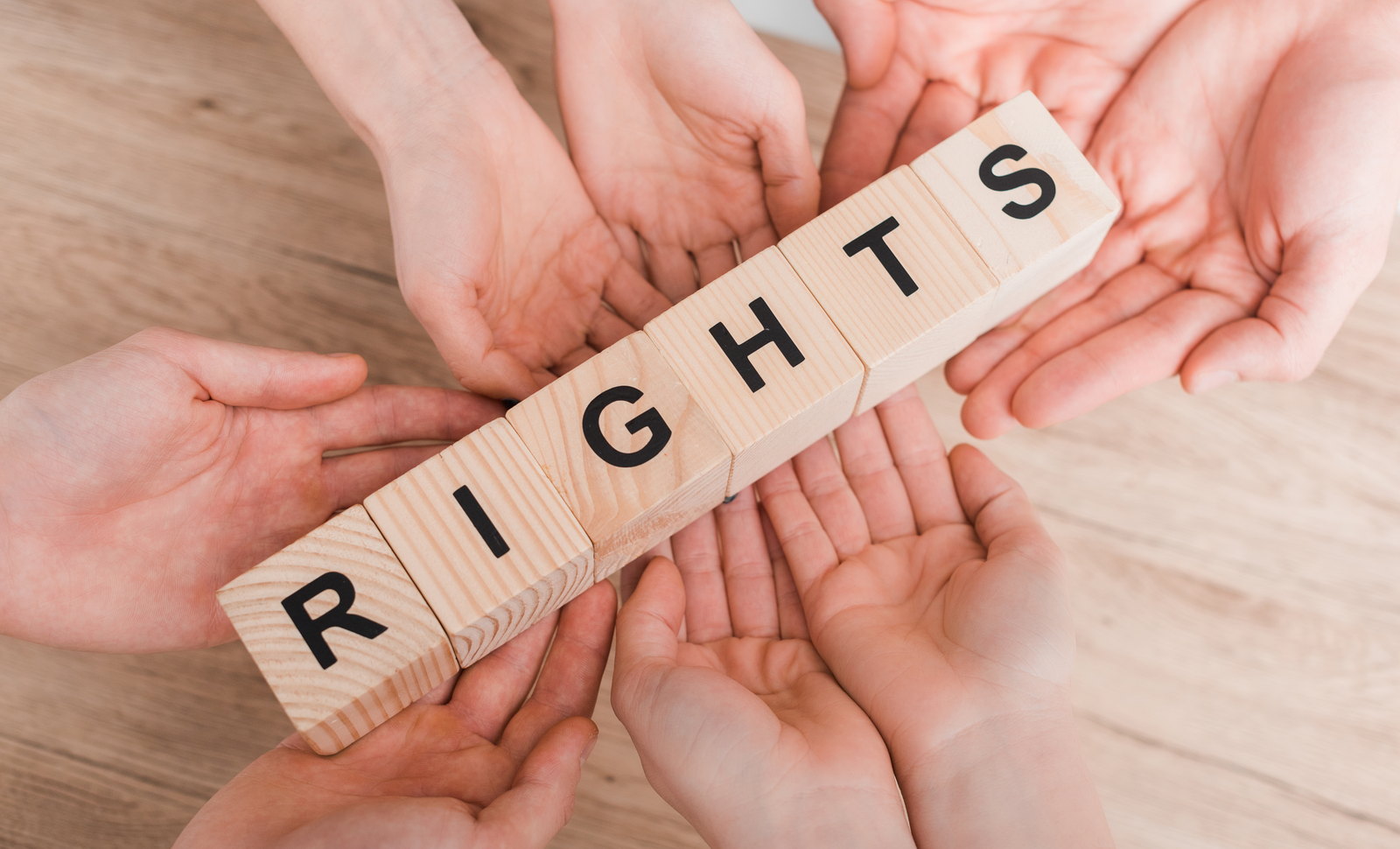 Many hands holding wooden blocks that spell RIGHTS