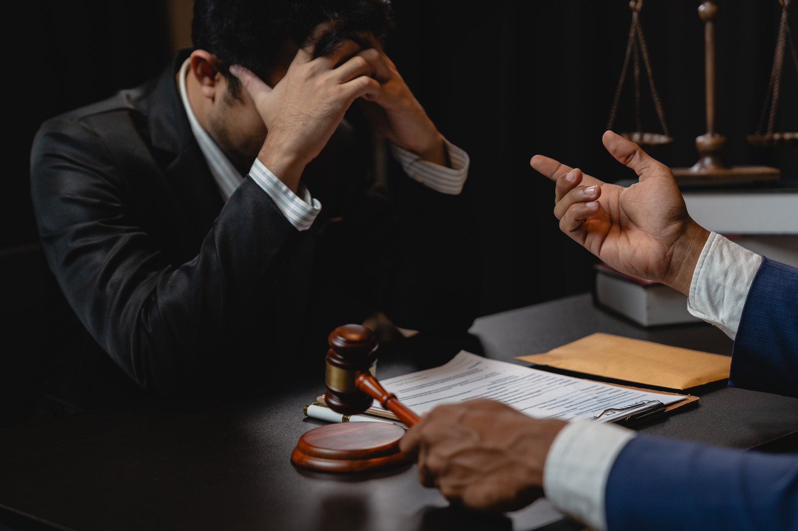 A lawyer advising a client across a desk with a gavel and scales