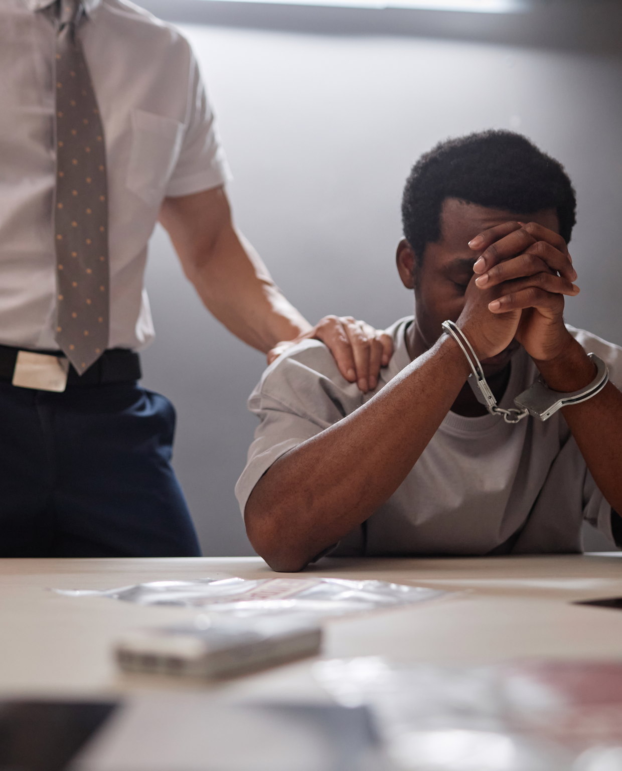 A handcuffed man at a table with a hand on his shoulder